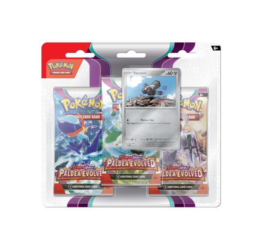 Pokemon-Paldea-Evolved-3-Pack-Blister-Varoom.jpg Pokemon Paldea Evolved 3-Pack Blister – Varoom - Image 1