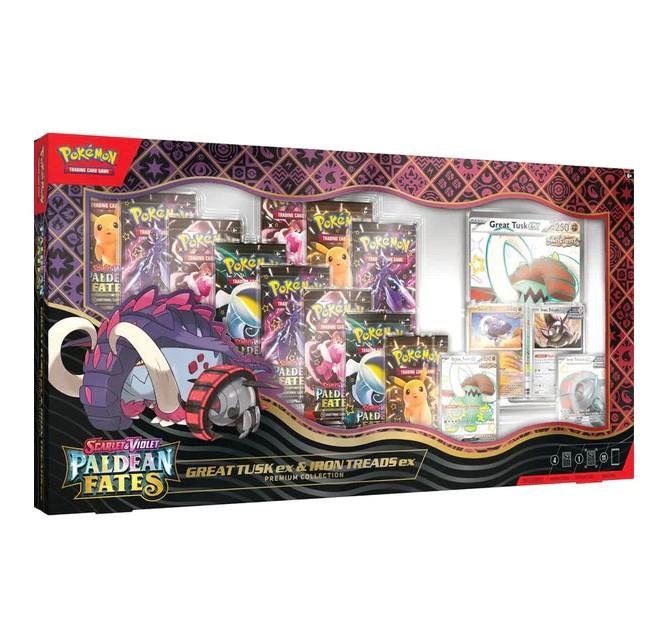 Pokemon-Paldean-Fates-Great-Tusk-EX-Iron-Treads-EX-Premium-Collection.jpg Pokemon Paldean Fates Great Tusk EX & Iron Treads EX Premium Collection - Image 1