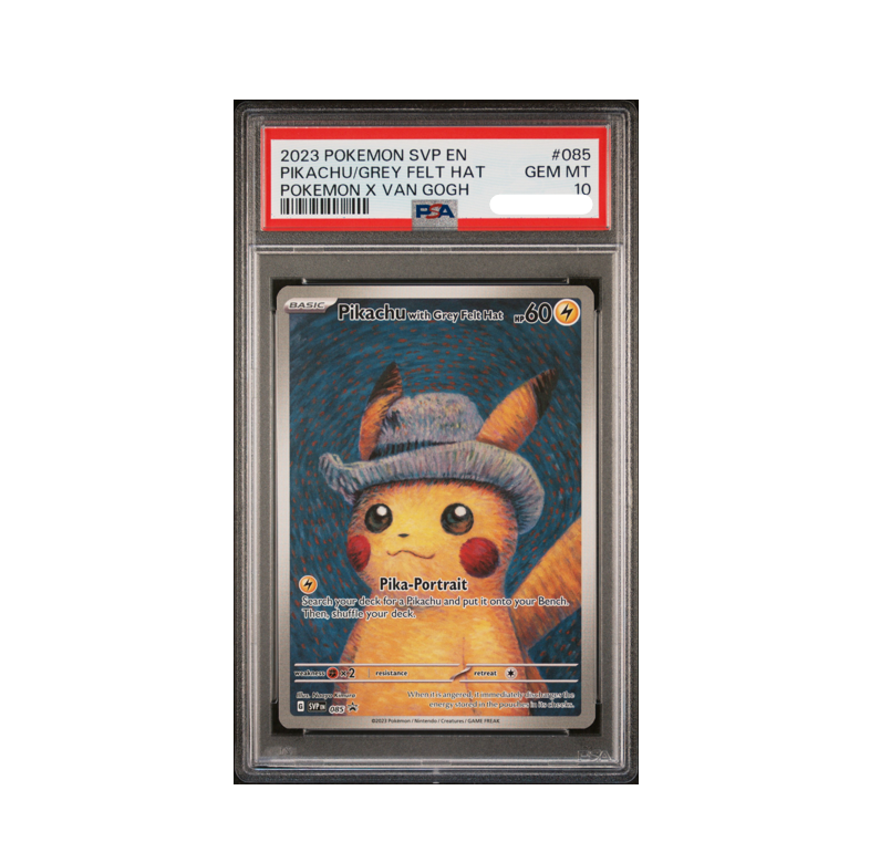 Pokemon-Pikachu-Grey-Felt-Hat-Van-Gogh-PSA-10.png Pokemon Pikachu – Grey Felt Hat – Van Gogh – PSA 10 - Image 1