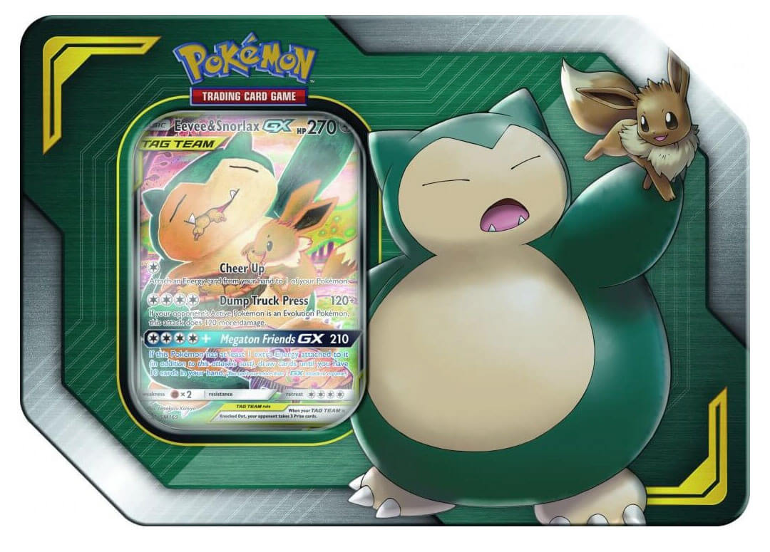 Pokemon-TCG-Team-up-Eevee-Snorlax-GX-Tin-1.jpg Pokemon – Tag Team Eevee & Snorlax GX Tin - Image 1